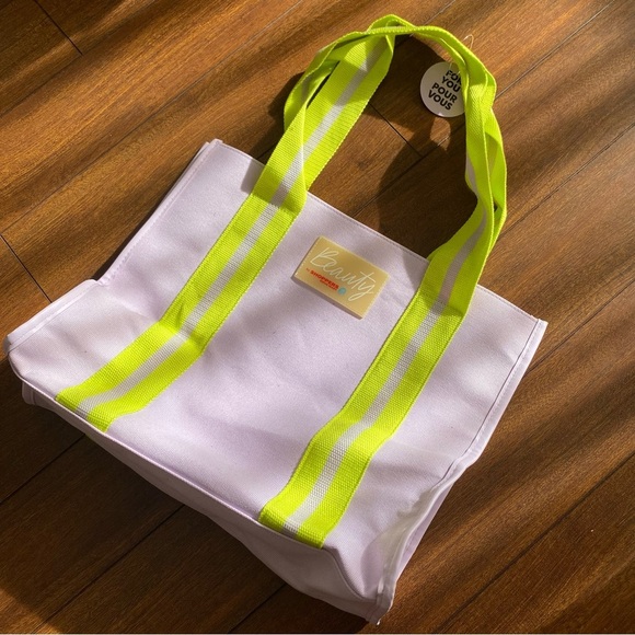 NWT Shoppers Canvas Tote Bag Purple Neon Yellow - Picture 1 of 4